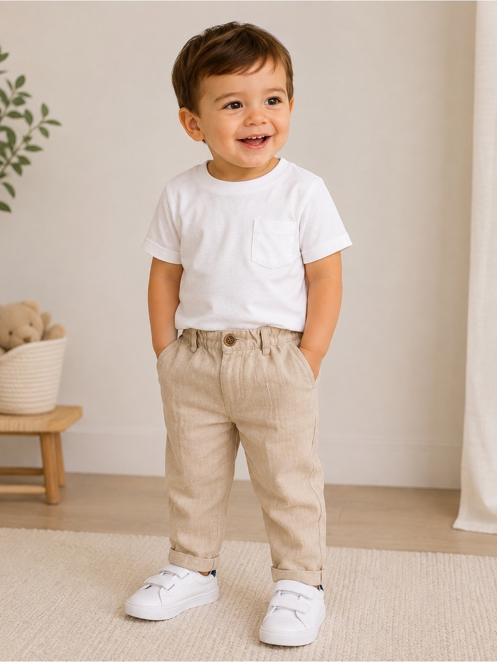 Zara Baby Boys Beige Linen Blend Elastic Waist Pants 12-18M 86cm